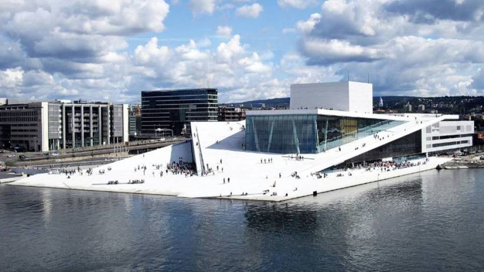 A photo of the Norwegian National Opera House, taken from the Oslo Bay.